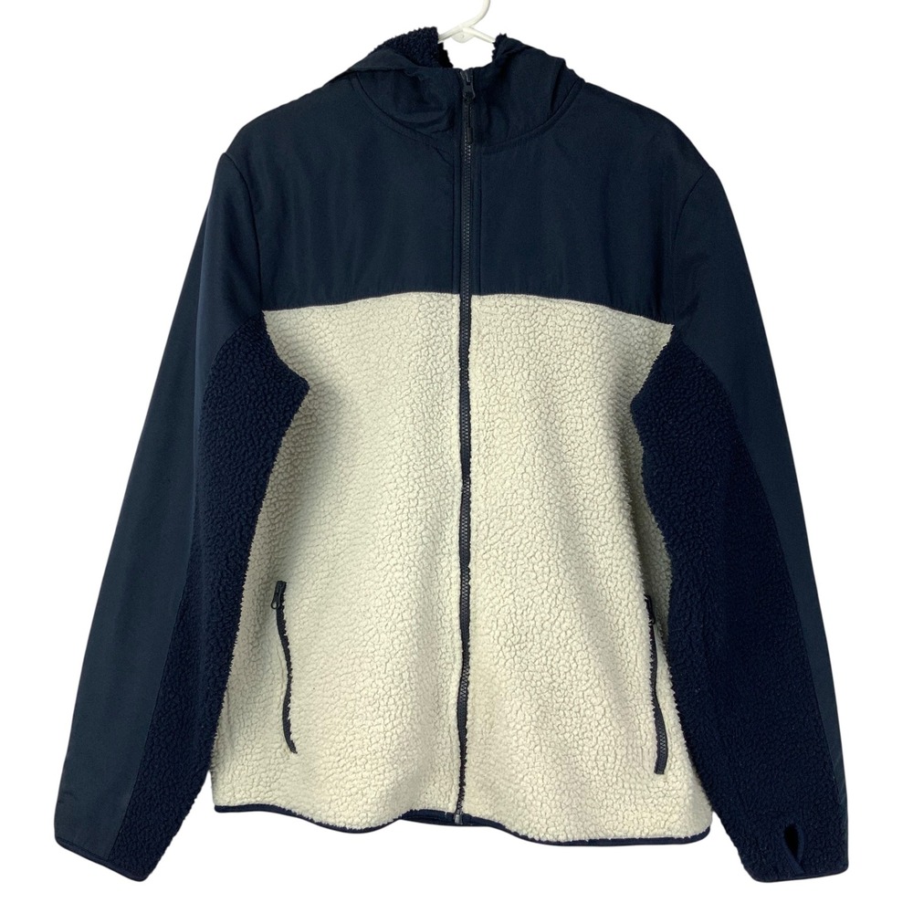 Old Navy Blue Cream Sherpa Fleece Jacket L Full Zip Hooded Long Sleeve Thumb